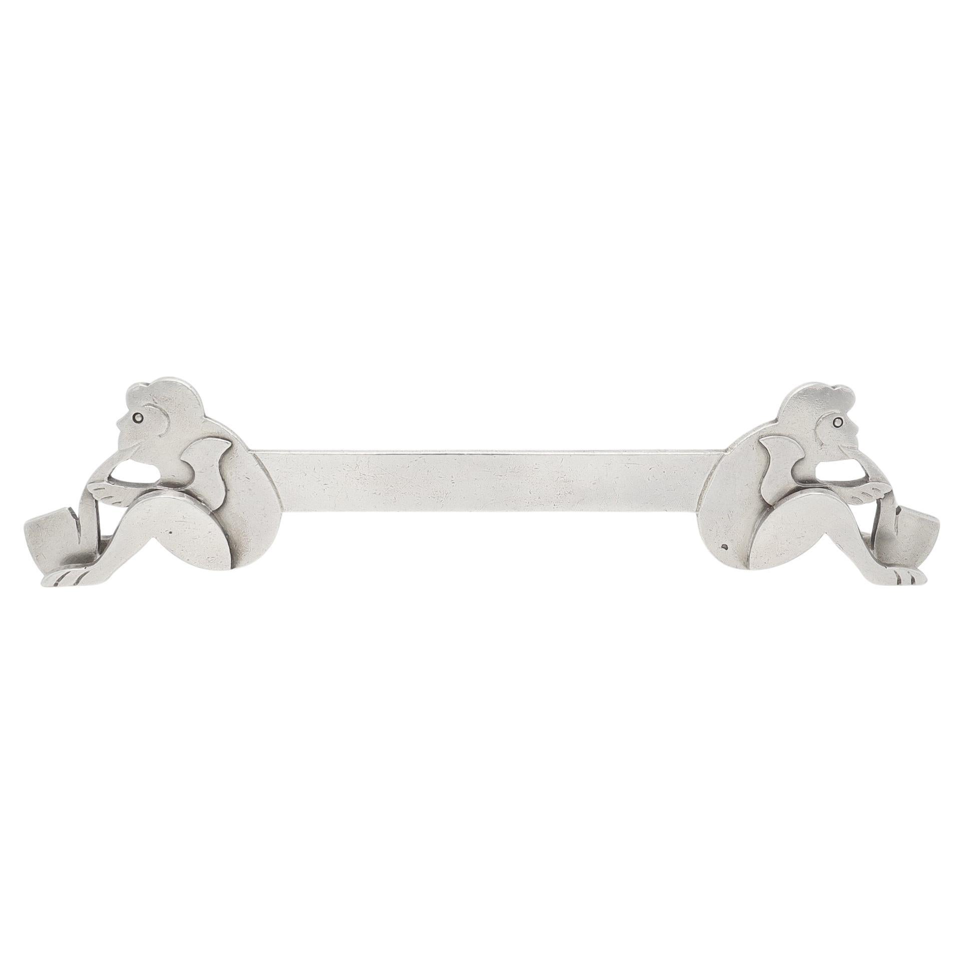 French Art Deco Silver Figural Smoking Monkey & Pipe Knife Rest by Louis Mathey