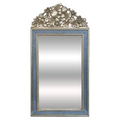 French Art Deco Silver-Gilt Mirror with Blue Glass Border Frame
