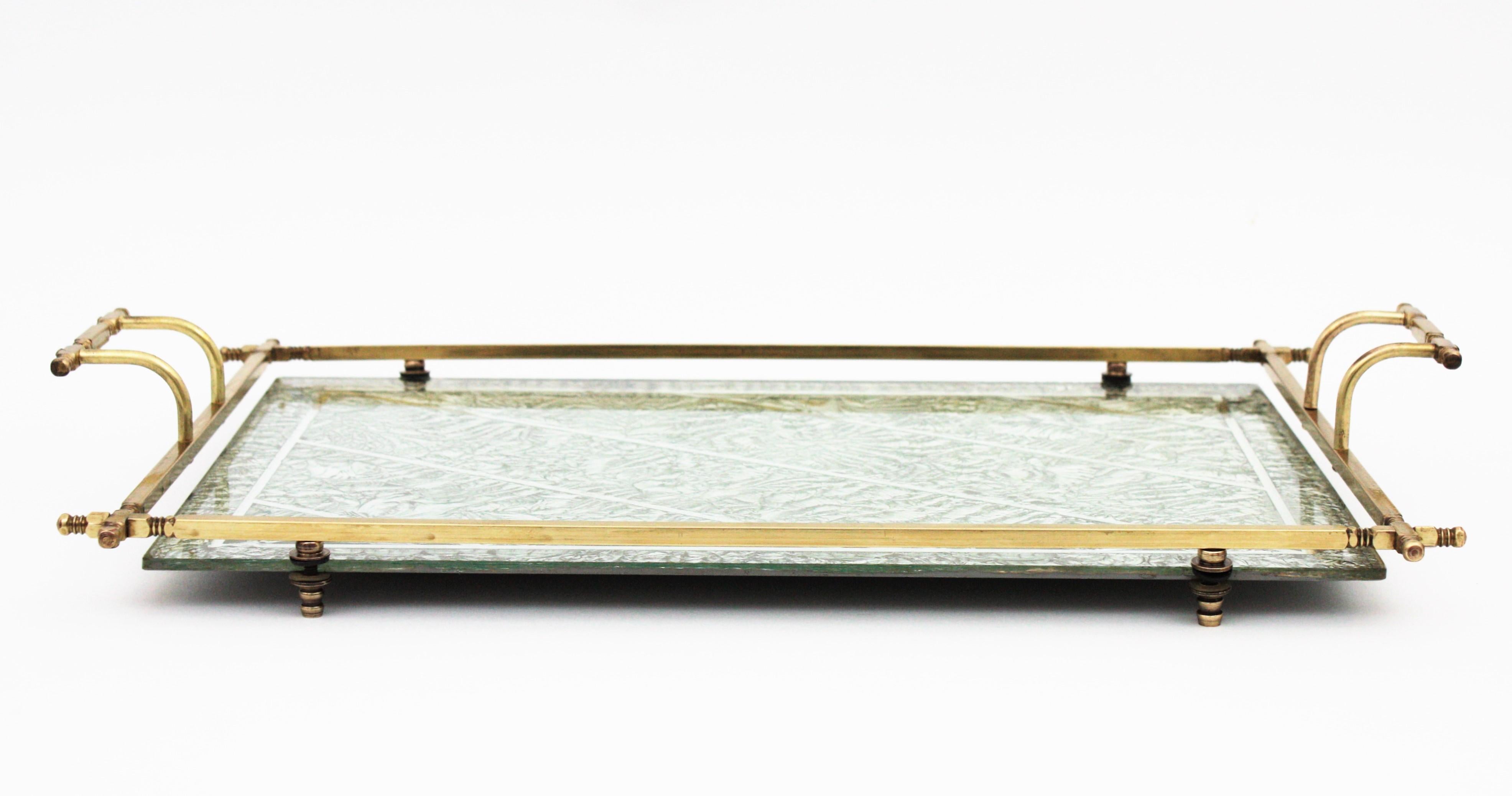 French Art Deco Tray with Handles in Brass, Silver Leaf, and Mirror  5