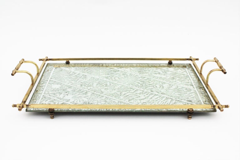 French Art Deco Silver Leaf, Mirror and Brass Serving Tray with Handles