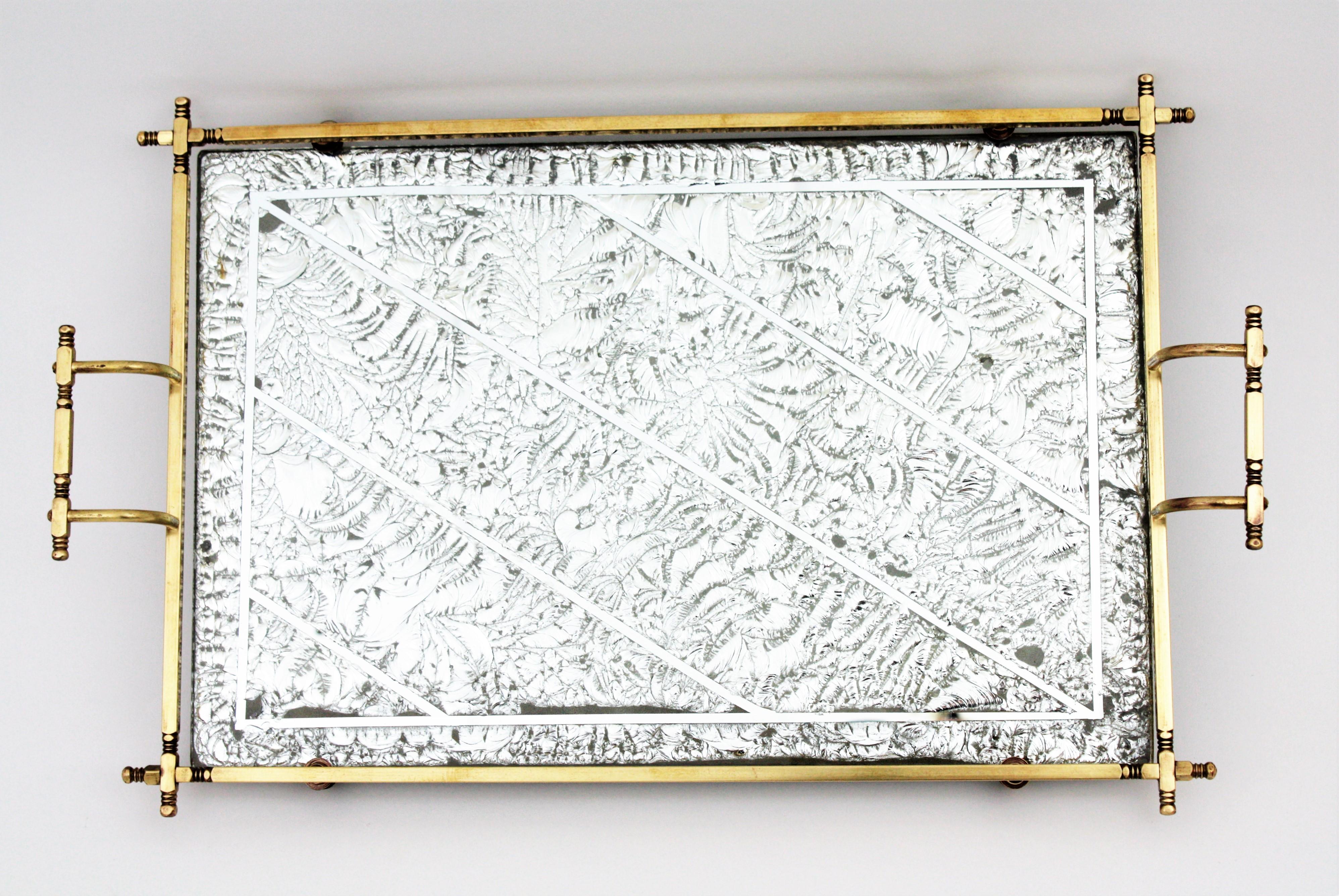 Engraved French Art Deco Tray with Handles in Brass, Silver Leaf, and Mirror 