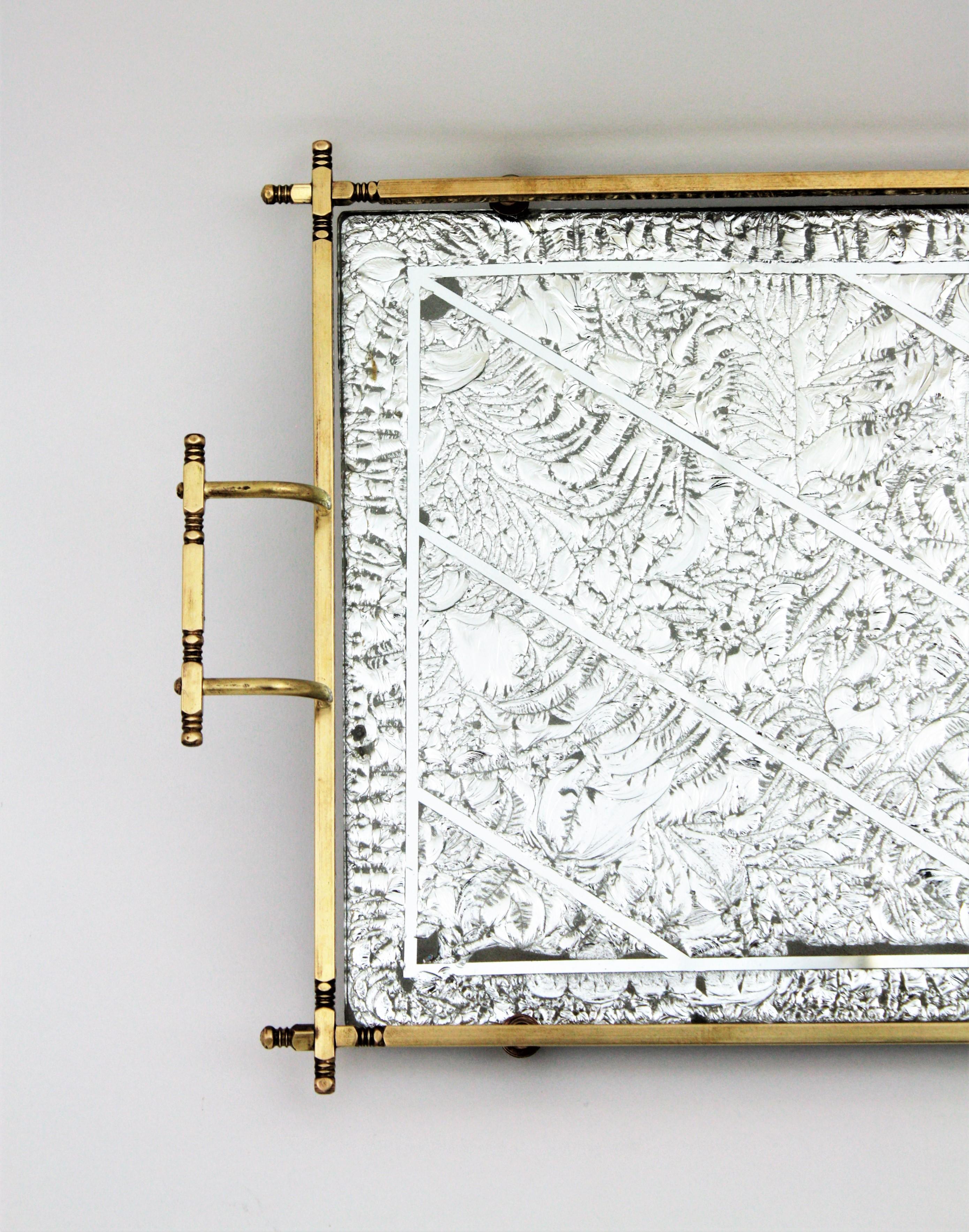 20th Century French Art Deco Tray with Handles in Brass, Silver Leaf, and Mirror 