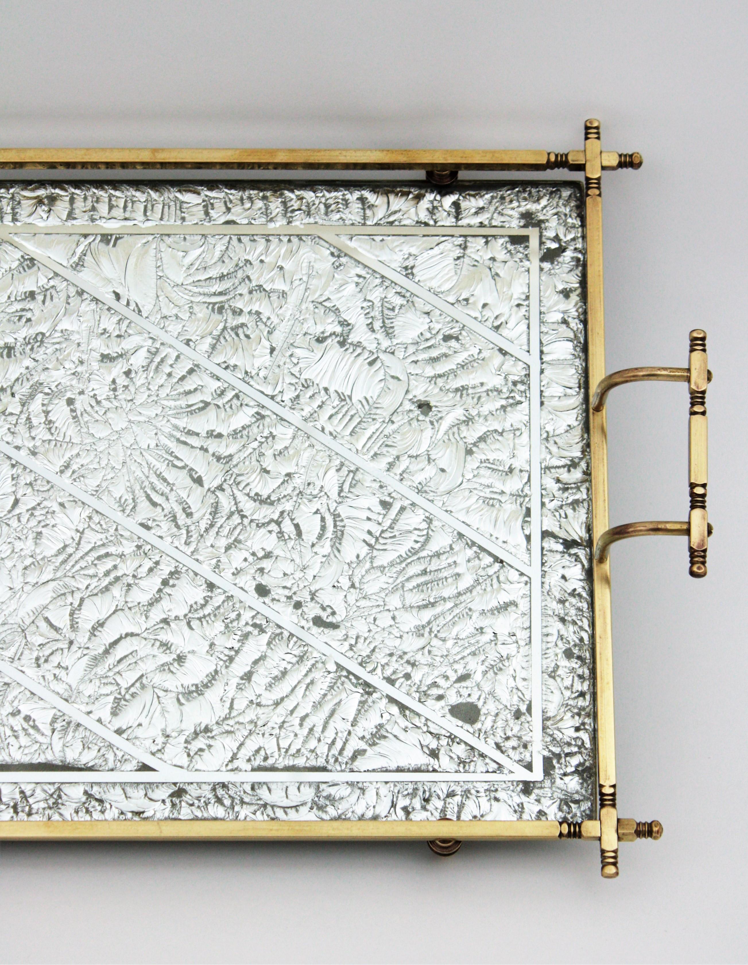French Art Deco Tray with Handles in Brass, Silver Leaf, and Mirror  1