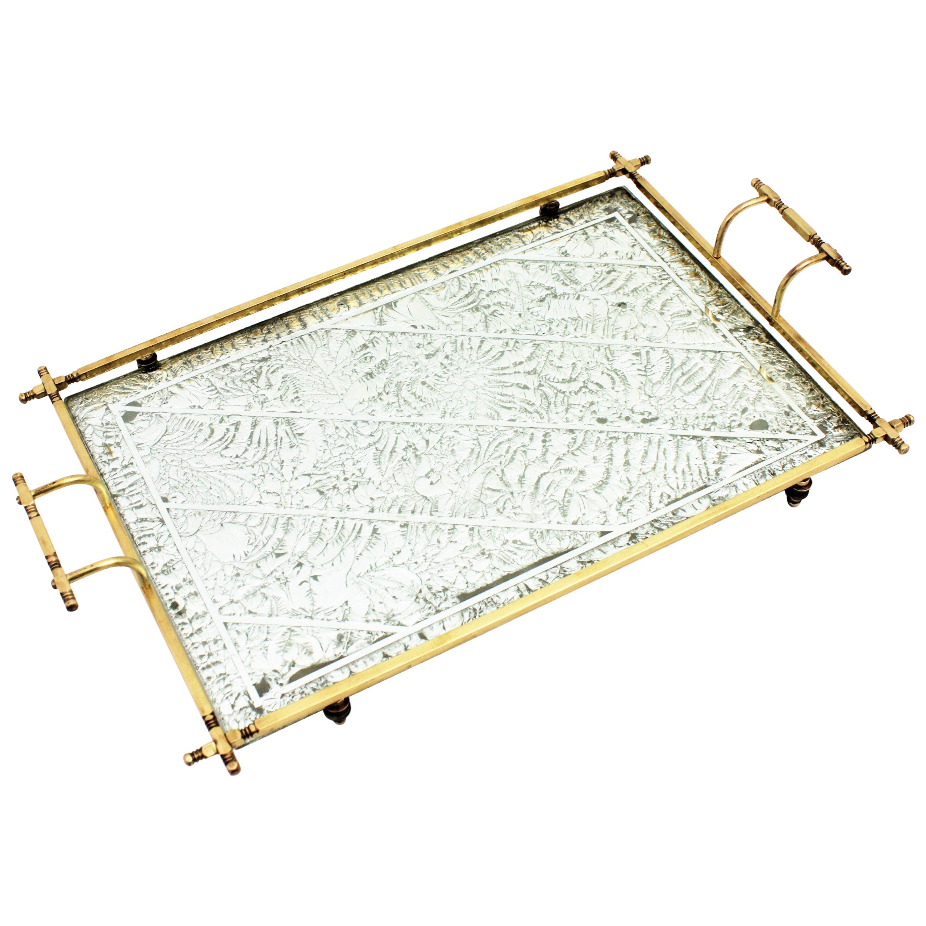French Art Deco Tray with Handles in Brass, Silver Leaf, and Mirror 