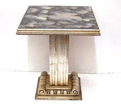 French Art Deco Silver Leaf Pedestal End Tables with Gold Veined Mirror Tops