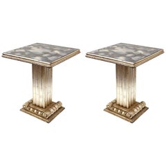 French Art Deco Silver Leaf Pedestal End Tables with Gold Veined Mirror Tops