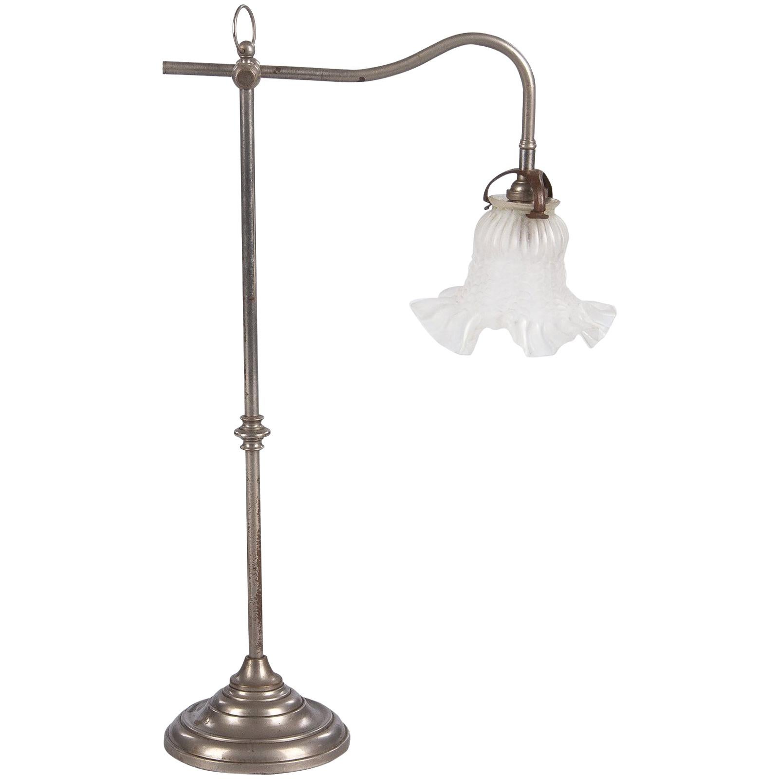French Art Deco Silver Metal Desk Lamp with Glass Shade, 1930s