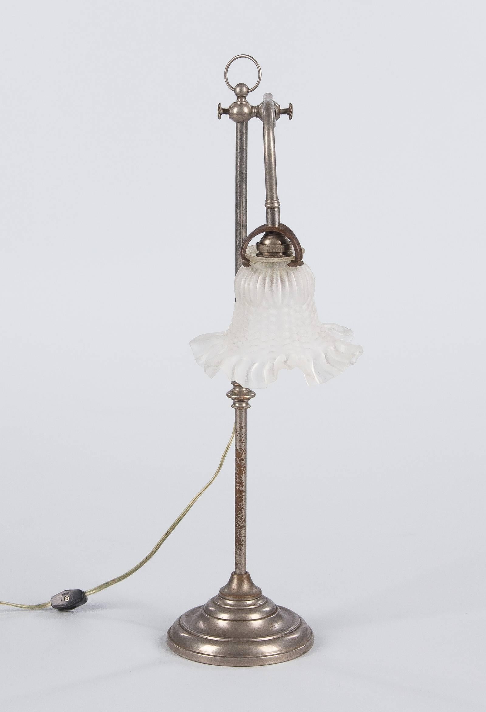 French Art Deco Silver Metal Desk Lamp with Glass Shade, 1930s 8