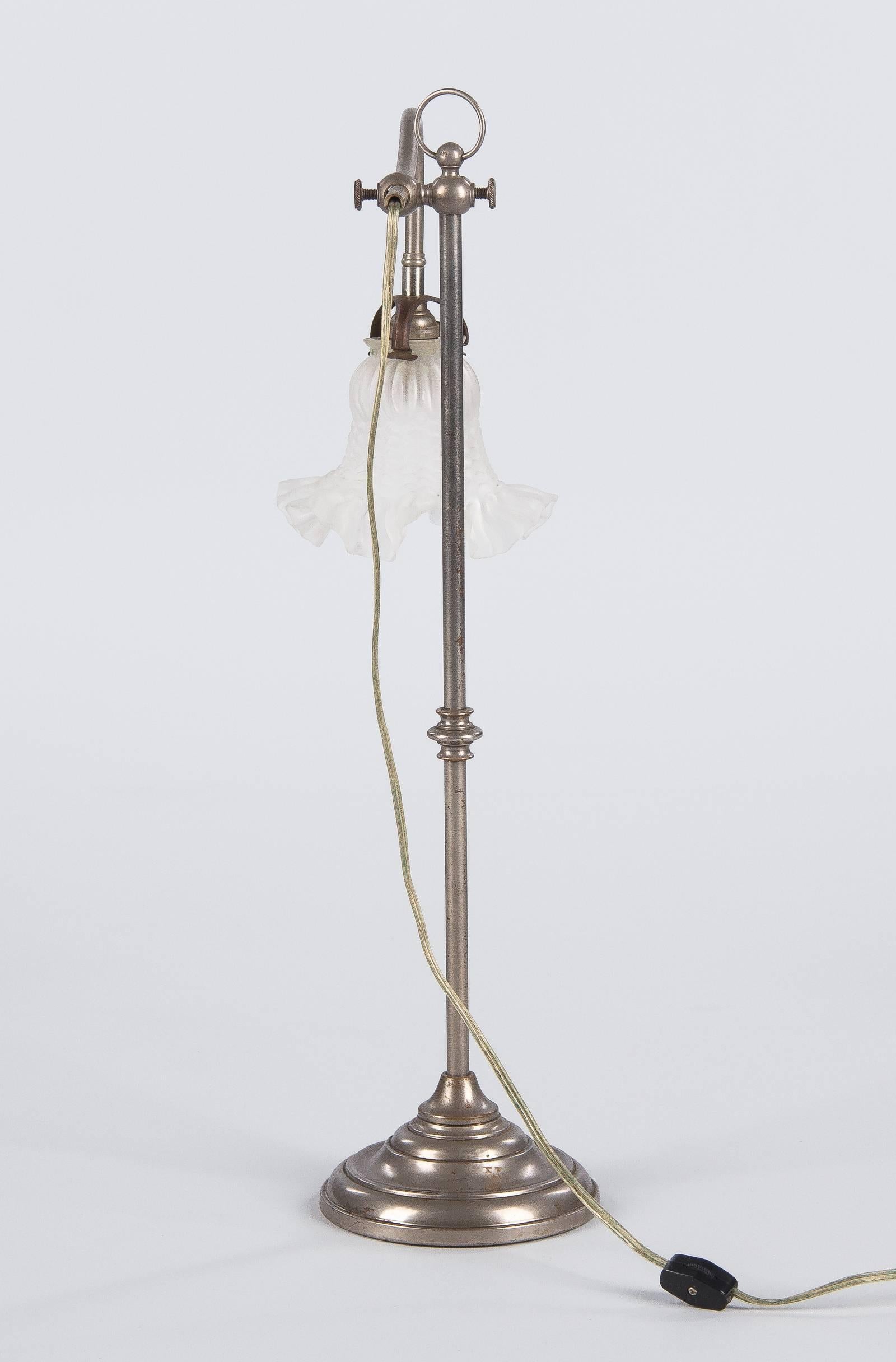 French Art Deco Silver Metal Desk Lamp with Glass Shade, 1930s 9