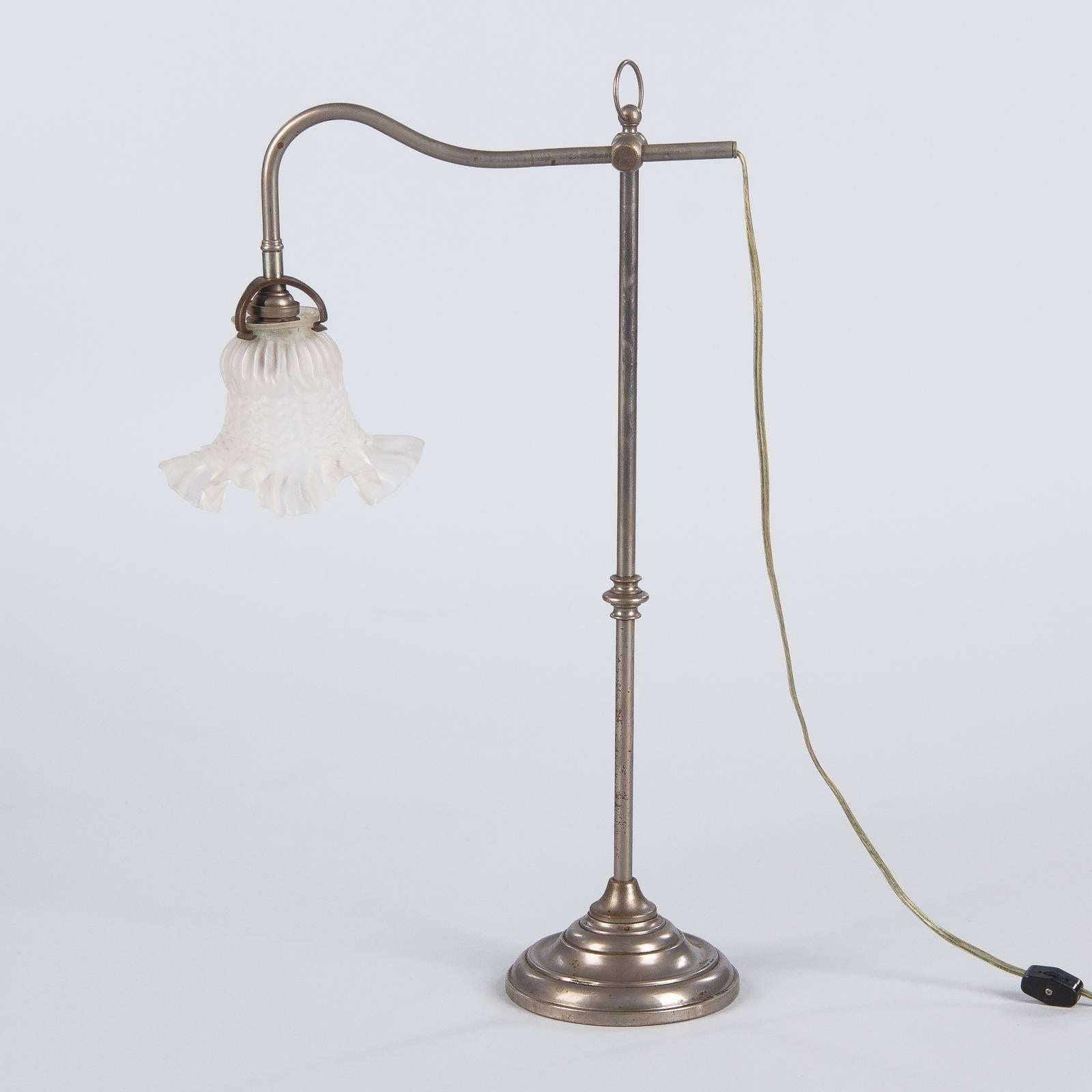 Frosted French Art Deco Silver Metal Desk Lamp with Glass Shade, 1930s