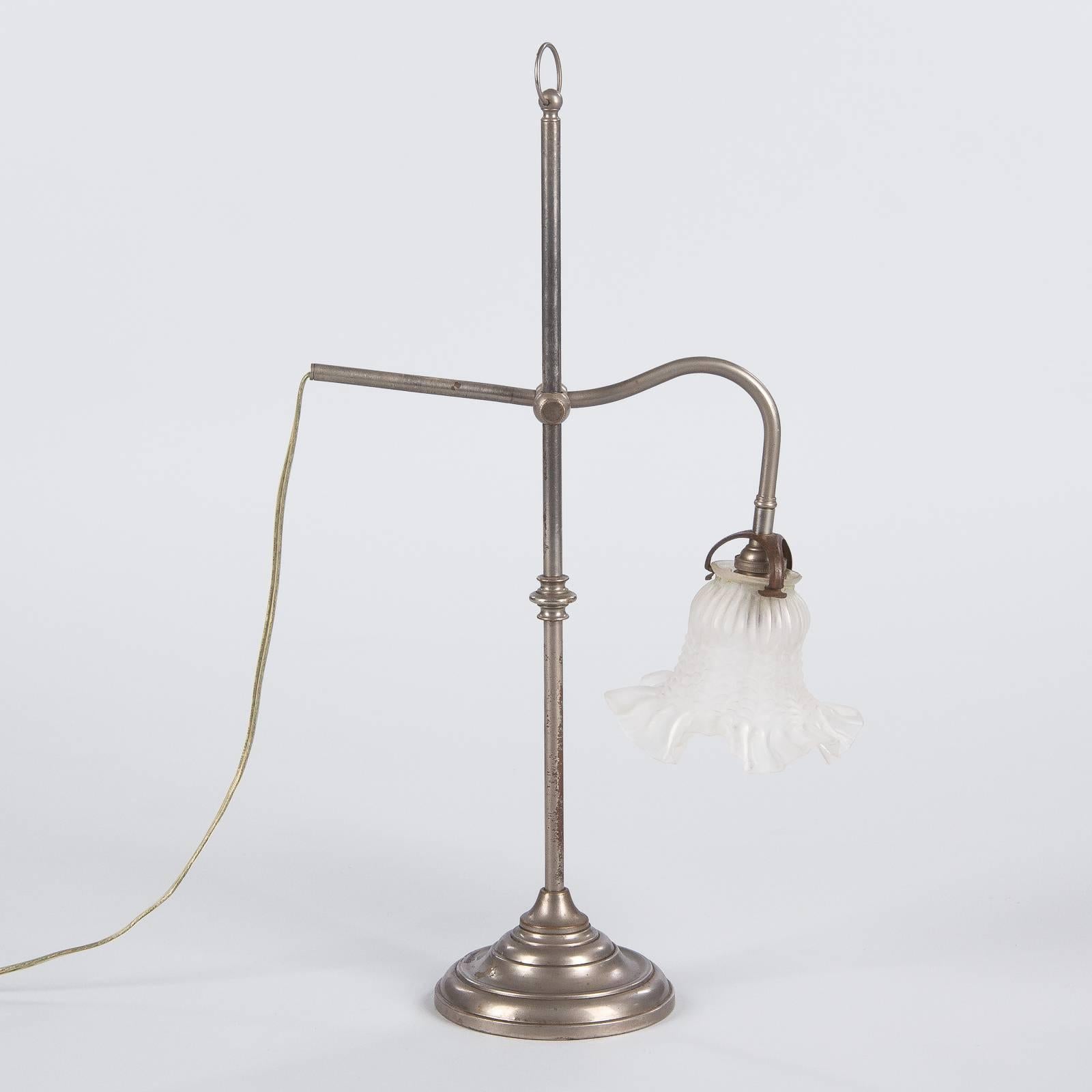 French Art Deco Silver Metal Desk Lamp with Glass Shade, 1930s 2