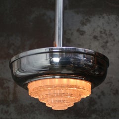 French Art Deco Silver Nickel-plated Clear Ribbed Glass Ceiling Lamp