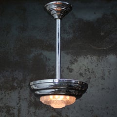 French Art Deco Silver Nickel-plated Clear Ribbed Glass Ceiling Lamp