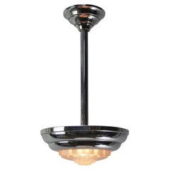 French Art Deco Silver Nickel-plated Clear Ribbed Glass Ceiling Lamp