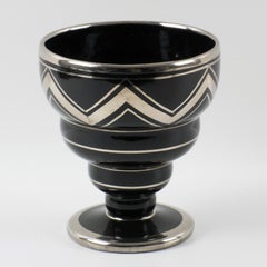 Art Deco Silver Overlay and Black Ceramic Vase by Ceram France, 1930s