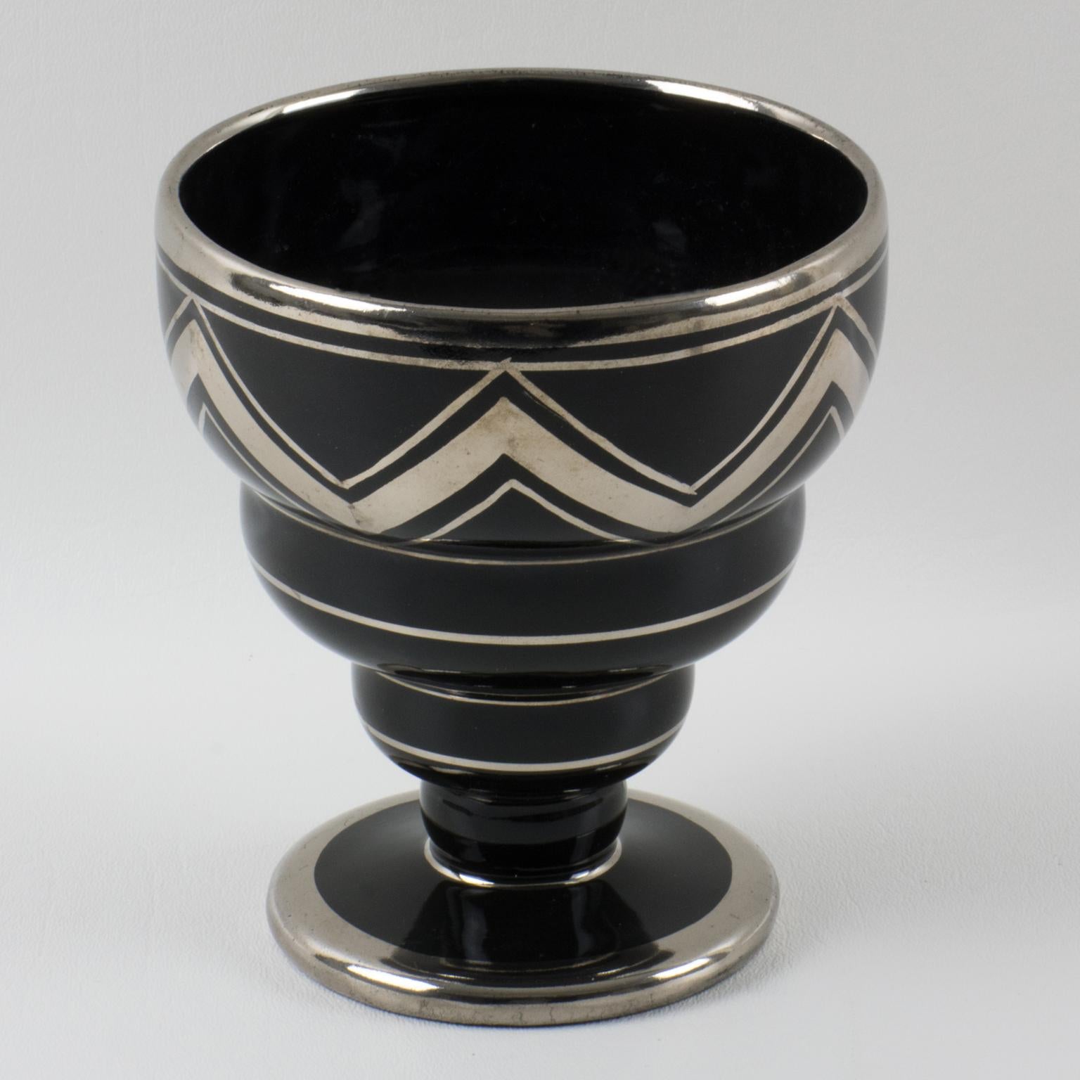 French Art Deco Silver Overlay and Black Ceramic Vase by Ceram France, 1930s