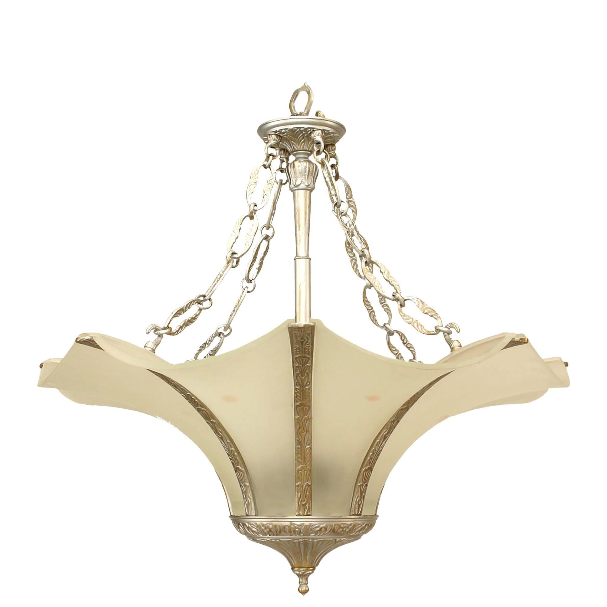French Art Deco Silver Metal and Glass Chandelier For Sale