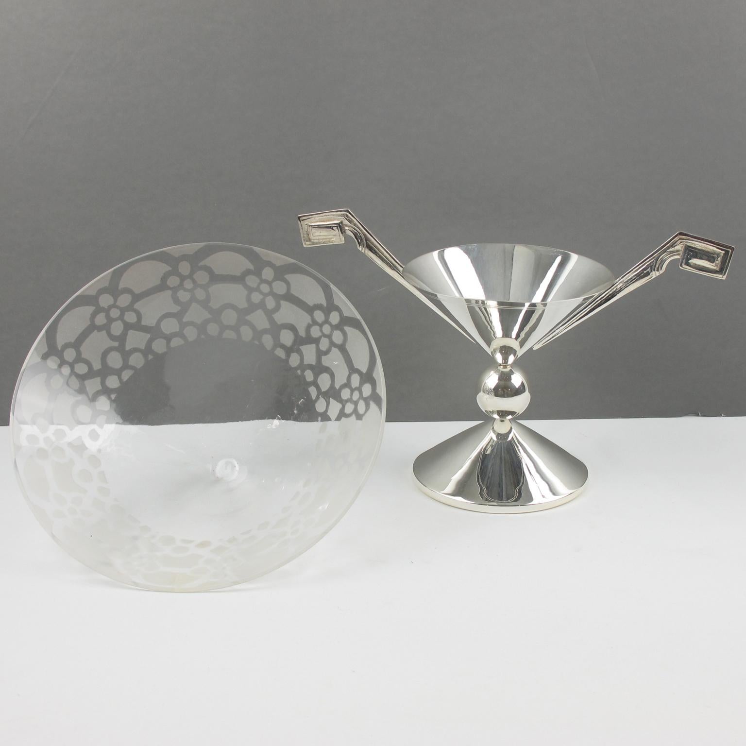 French Art Deco Silver Plate and Etched Glass Centerpiece Bowl For Sale 1