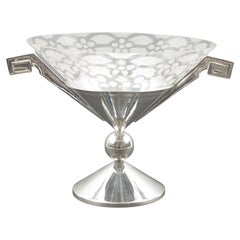 French Art Deco Silver Plate and Etched Glass Centerpiece Bowl