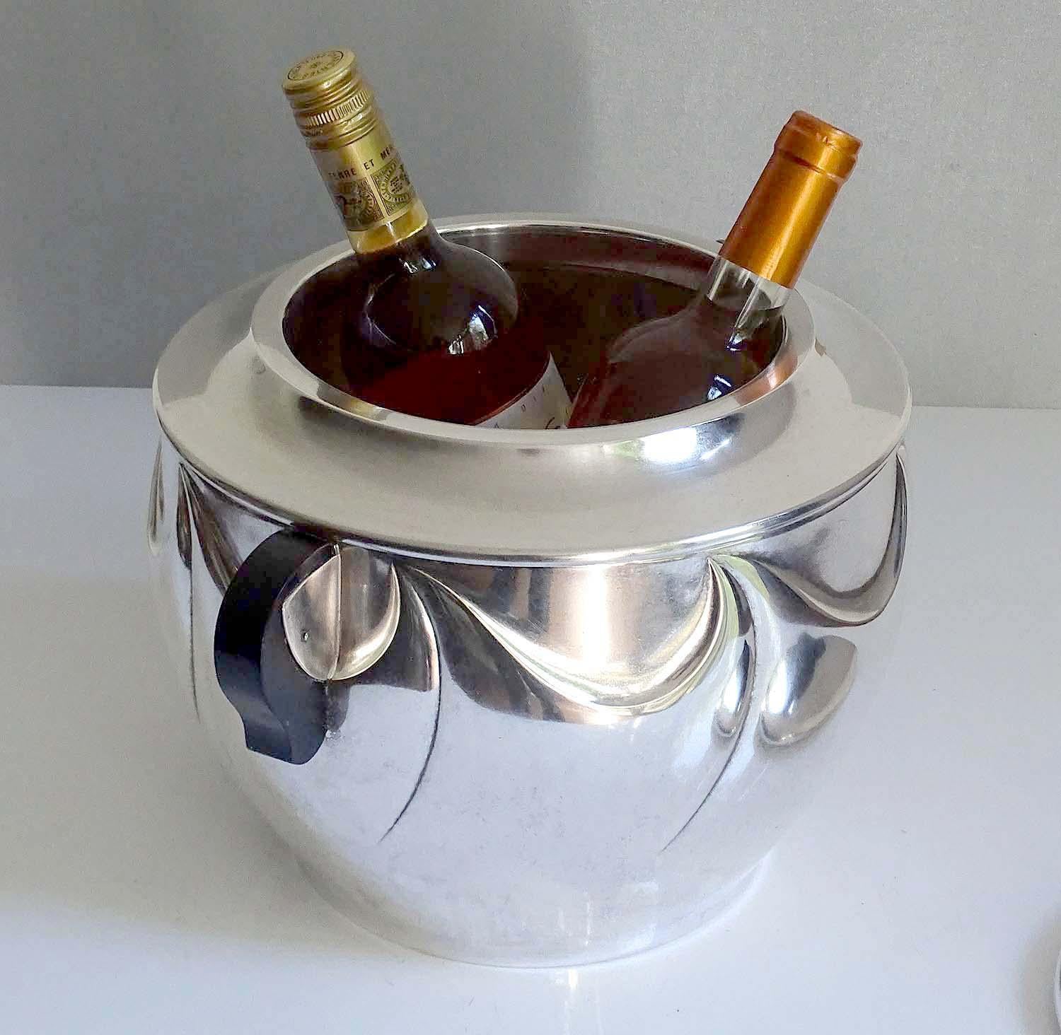 Brass French Art Deco Silver Plate Champagne Wine Cooler Ice Bucket 1930s Wave Pattern
