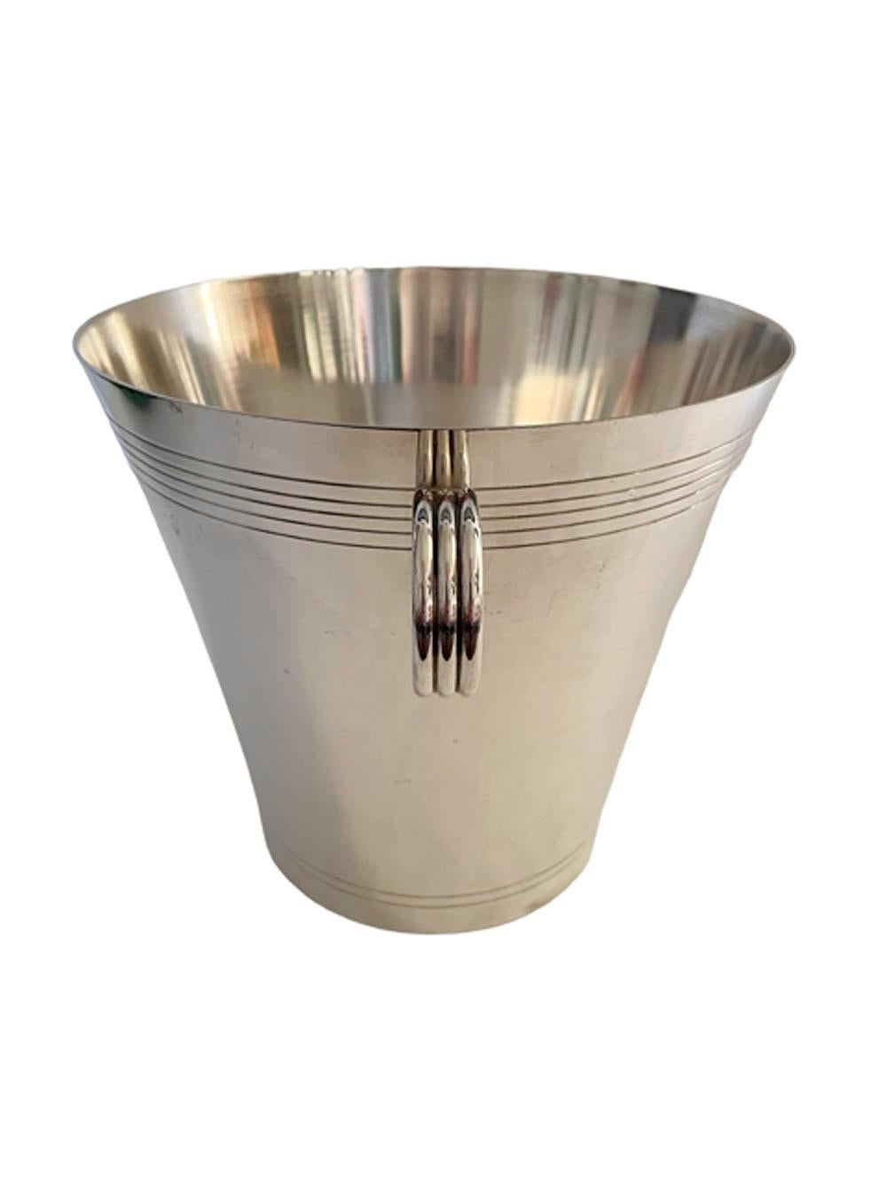 French Art Deco silver plate champagne / wine bucket of flared form with incised band decoration with triple fixed ring handles.