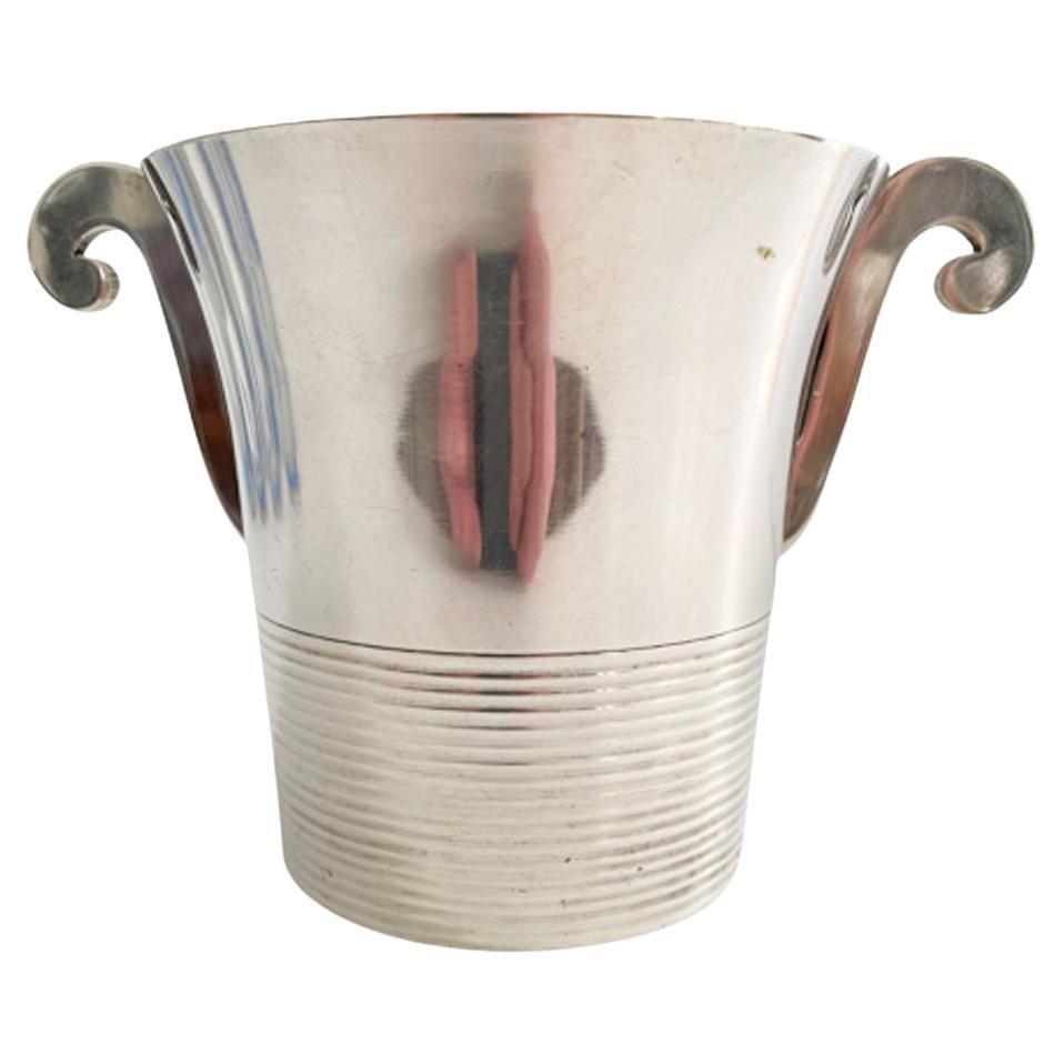 French Art Deco Silver Plate Ice Bucket w/Ribbed Decoration and Scrolled Handles For Sale