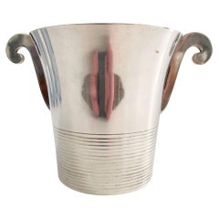 Antique French Art Deco Silver Plate Ice Bucket w/Ribbed Decoration and Scrolled Handles