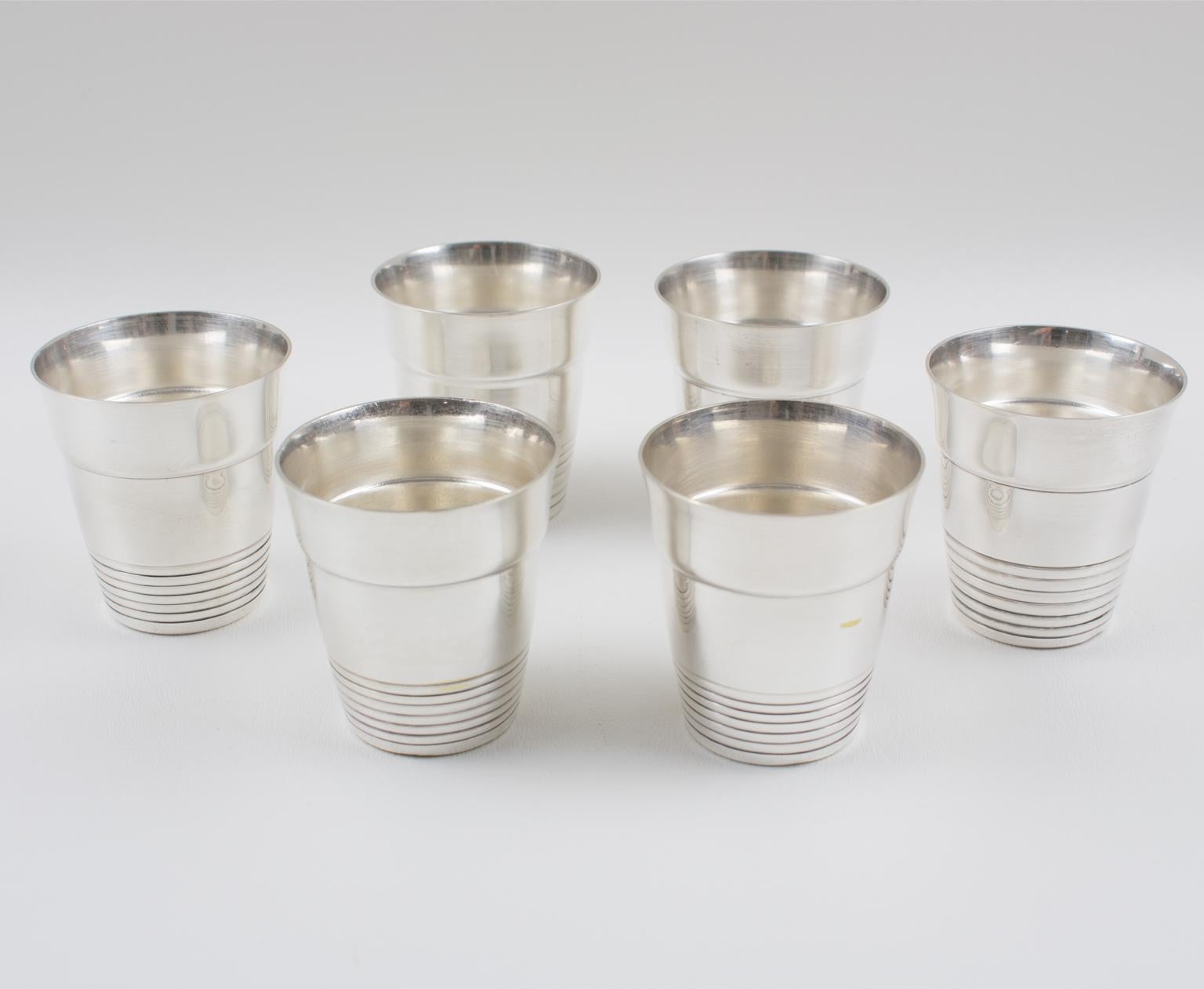 French Art Deco Silver Plate Martini Shaker and 6 Cocktail Cups 6