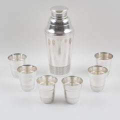French Art Deco Silver Plate Martini Shaker and 6 Cocktail Cups