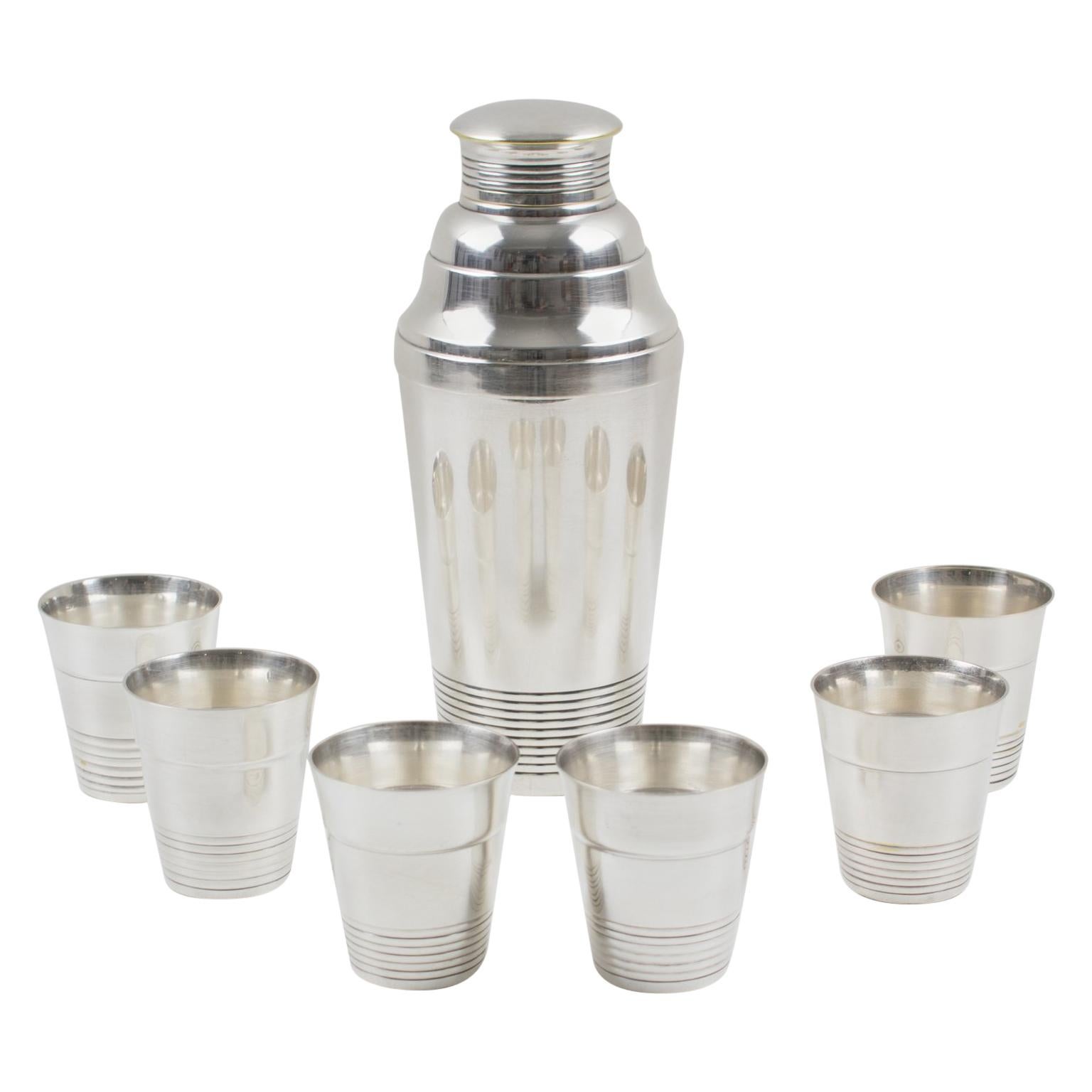 French Art Deco Silver Plate Martini Shaker and 6 Cocktail Cups