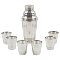 French Art Deco Silver Plate Shaker and 6 Cocktail Cups Vintage French Art Deco Silver Plate Shaker and 6 Cocktail Cups