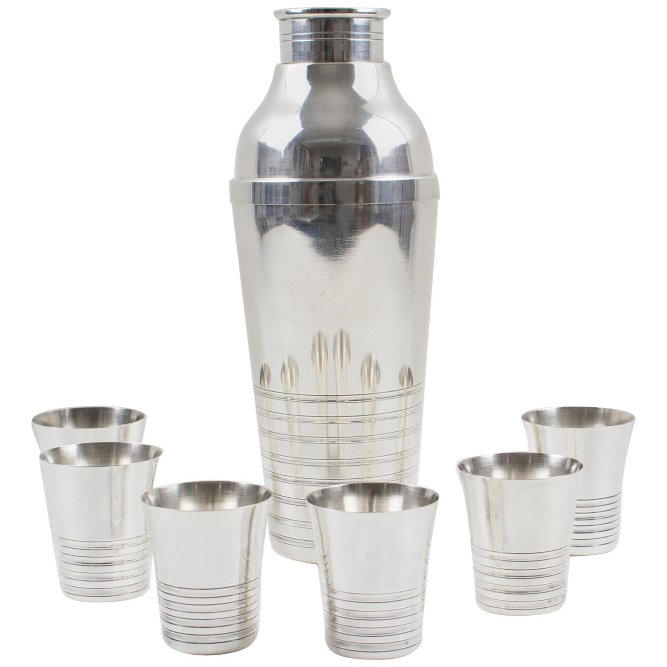 French Art Deco Silver Plate Shaker and 6 Cocktail Cups