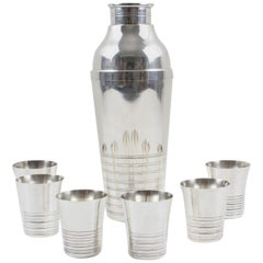 French Art Deco Silver Plate Shaker and 6 Cocktail Cups