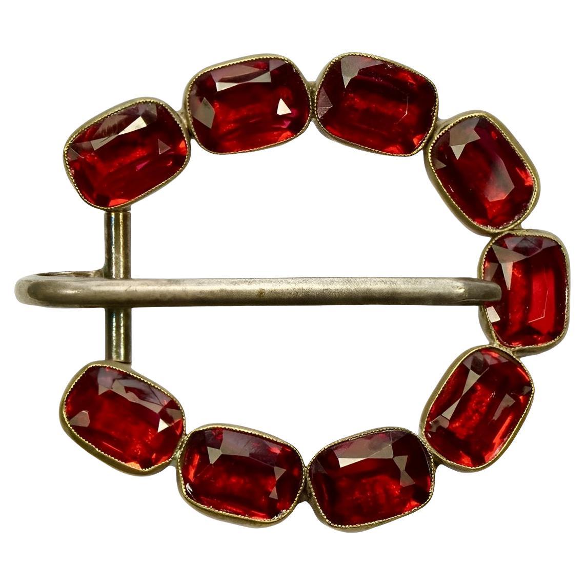 French Art Deco Silver Plated Belt Buckle with Garnet Glass Stones For Sale