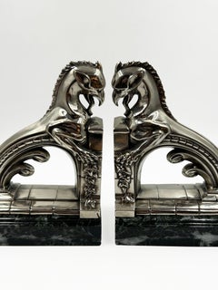 French Art Deco Silver-Plated Metal Bookends with Gargoyles, c. 1930s