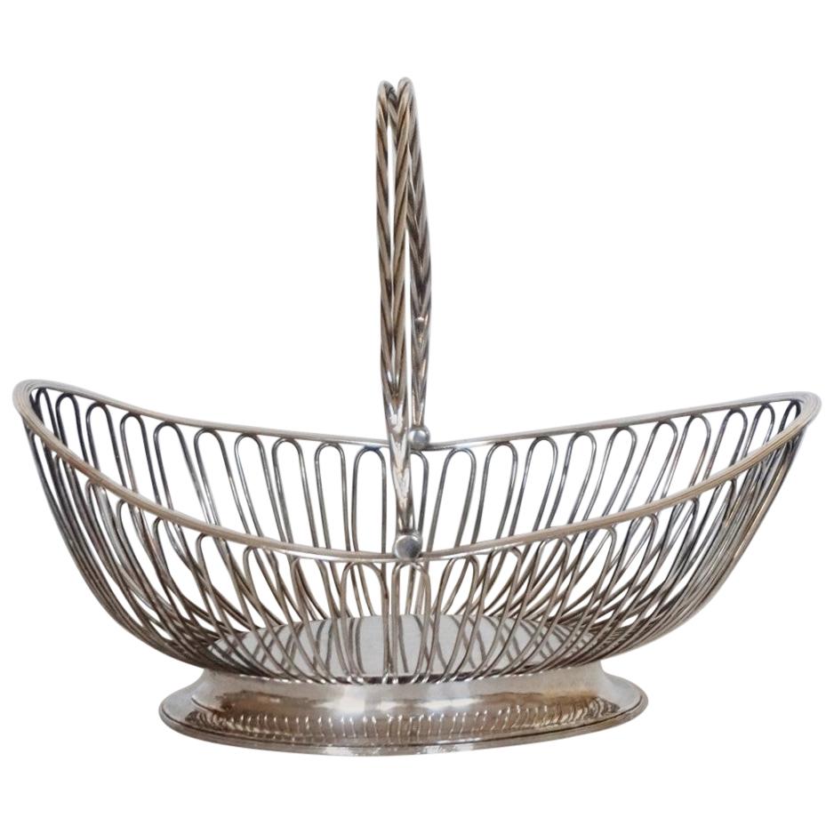 French Art Deco Silver Plated Serving Basket wiith Swing Handle