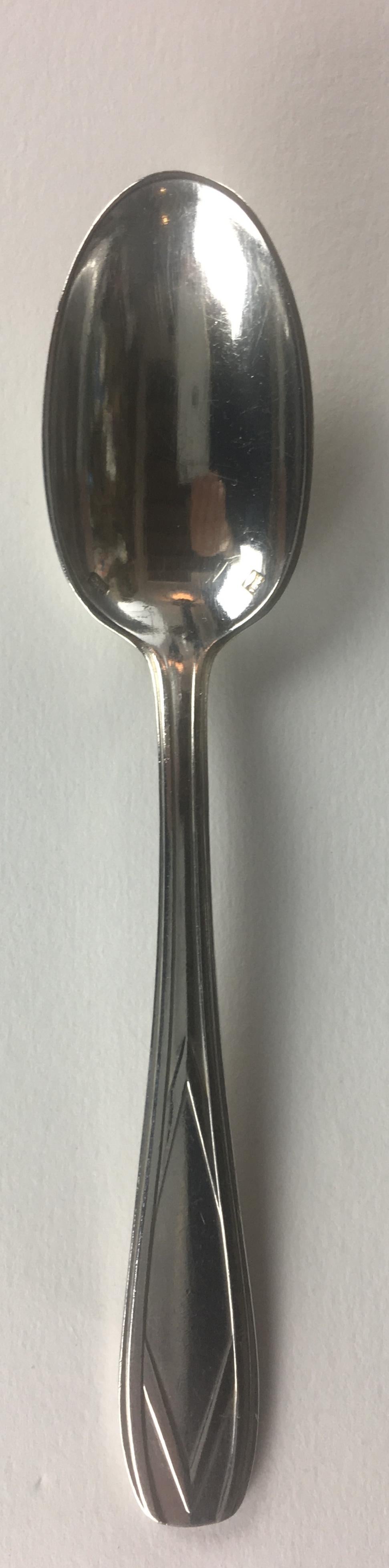 Twelve piece silver plated tea - coffee spoons set. Marked, this mark was found in many similar patterned items from the early 1900s-1930s.
Sold in original box with dividers for each item, box marked Cholet.
Patten unknown. 

No monograms, elegant