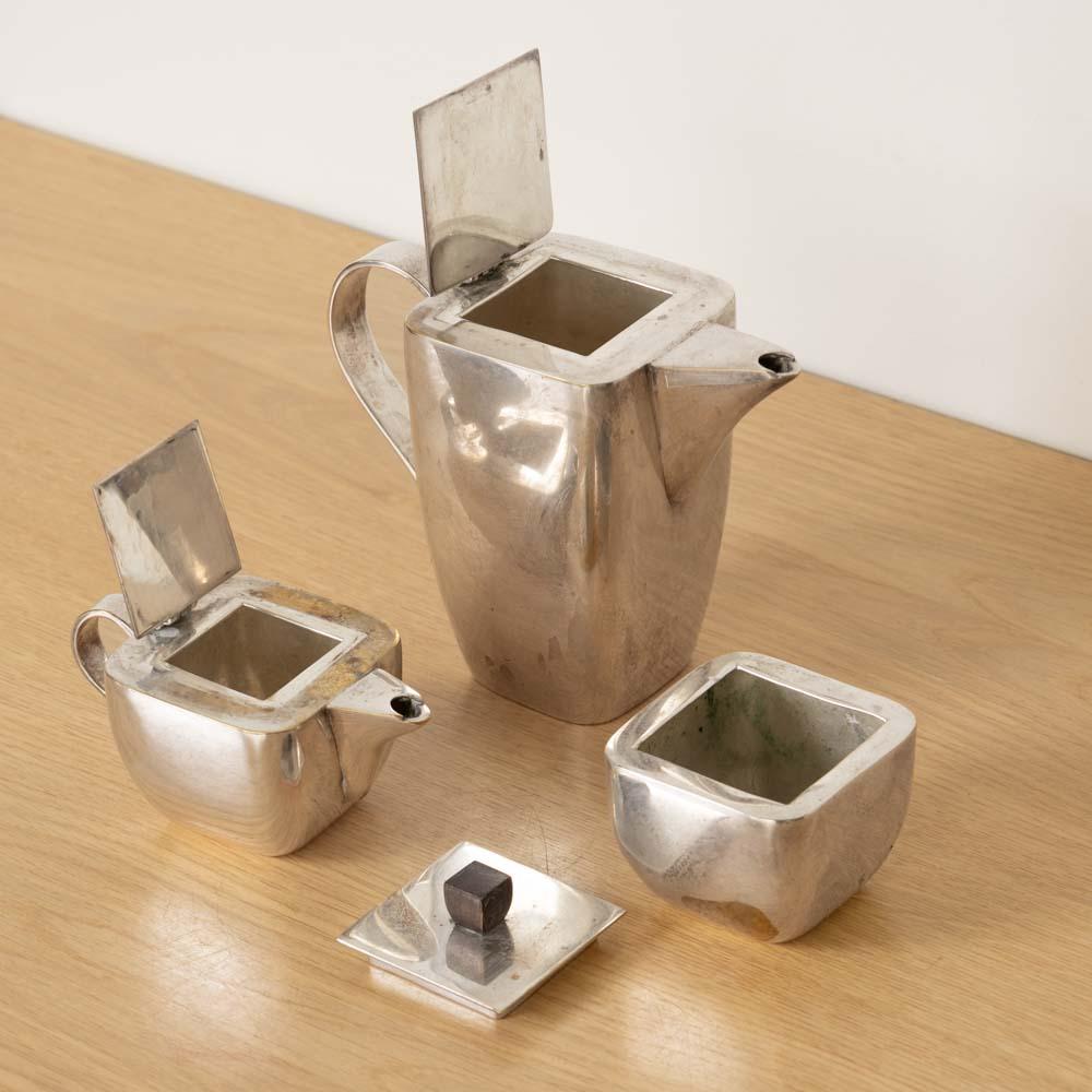 Wood French Art Deco Silver Tea Set For Sale