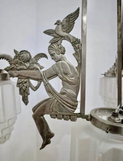 French Art Deco Silvered Bronze Chandelier to Georges Marius Boretti, Lyon, 1930