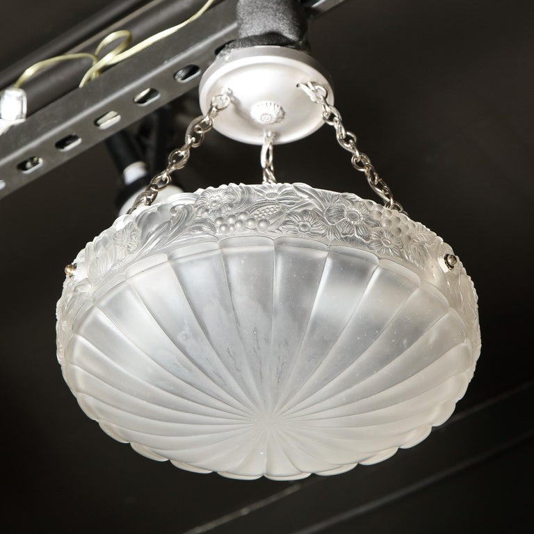 French Art Deco Silvered Bronze and Frosted Glass Chandelier with