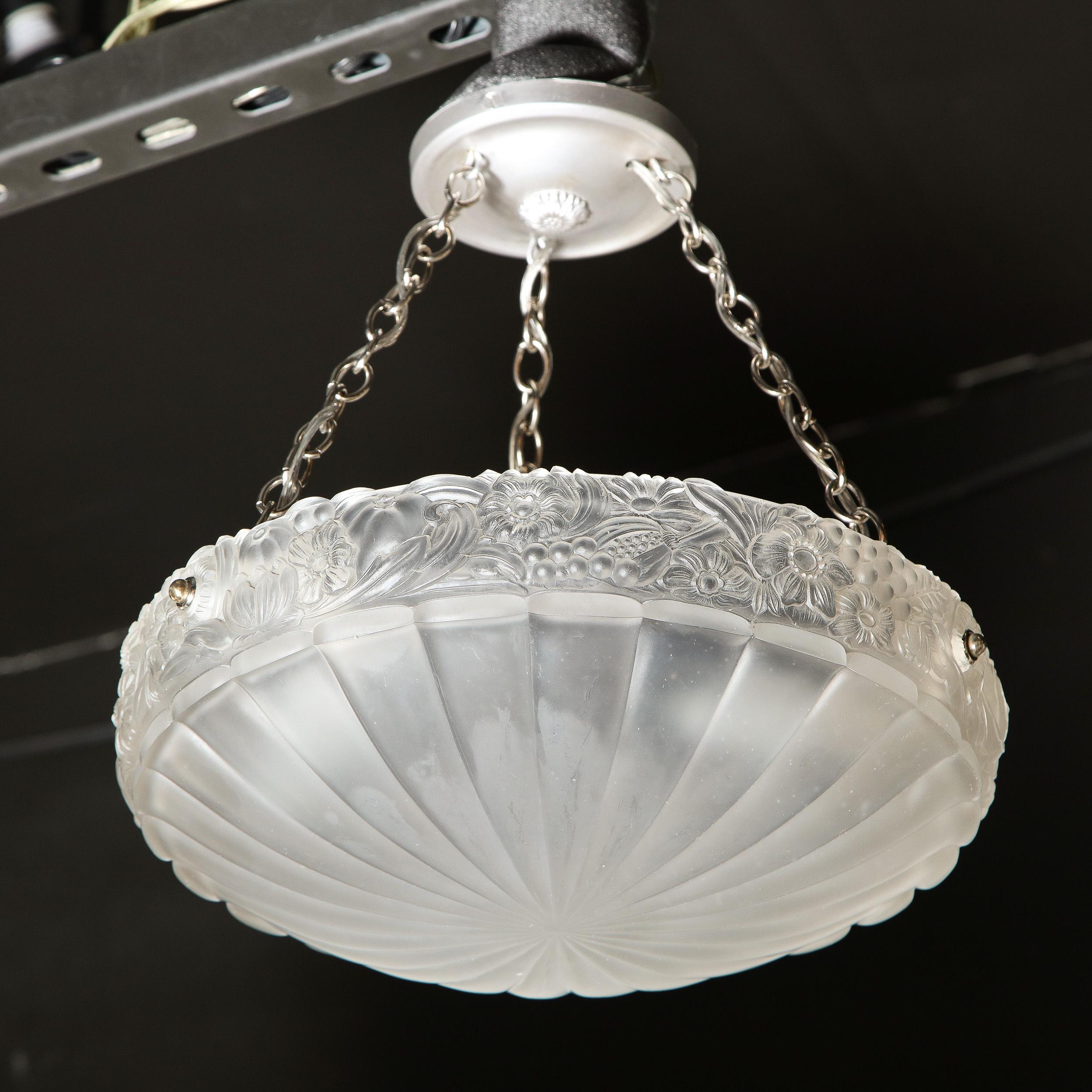 French Art Deco Silvered Bronze & Frosted Glass Chandelier with Floral Detailing 15