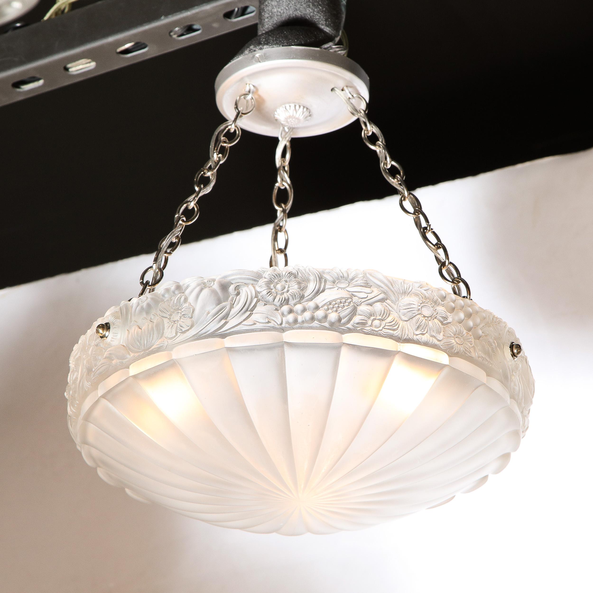 French Art Deco Silvered Bronze & Frosted Glass Chandelier with Floral Detailing In Excellent Condition In New York, NY