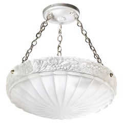 French Art Deco Silvered Bronze & Frosted Glass Chandelier with Floral Detailing