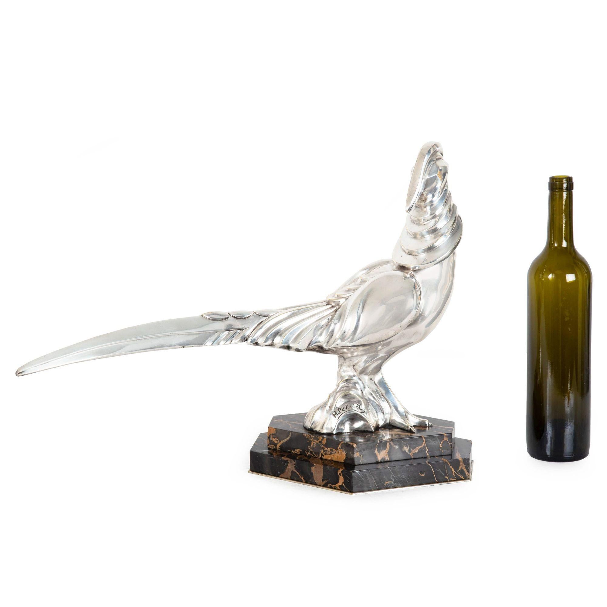 20th Century French Art Deco Silvered Bronze of a Walking Pheasant by H. Petrilly ca. 1930 For Sale