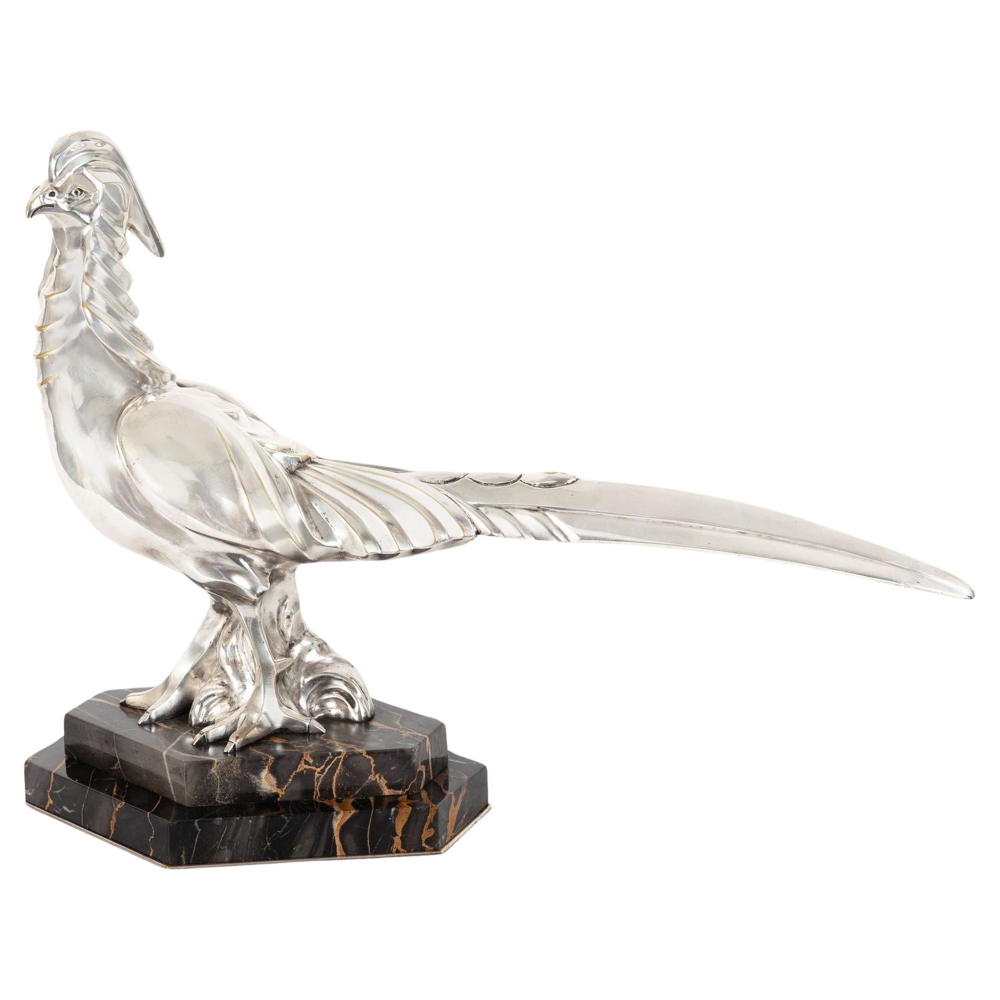 French Art Deco Silvered Bronze of a Walking Pheasant by H. Petrilly ca. 1930 For Sale