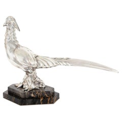 Bronce plateado Art Déco francés de un faisán paseando de H. Petrilly ca. 1930