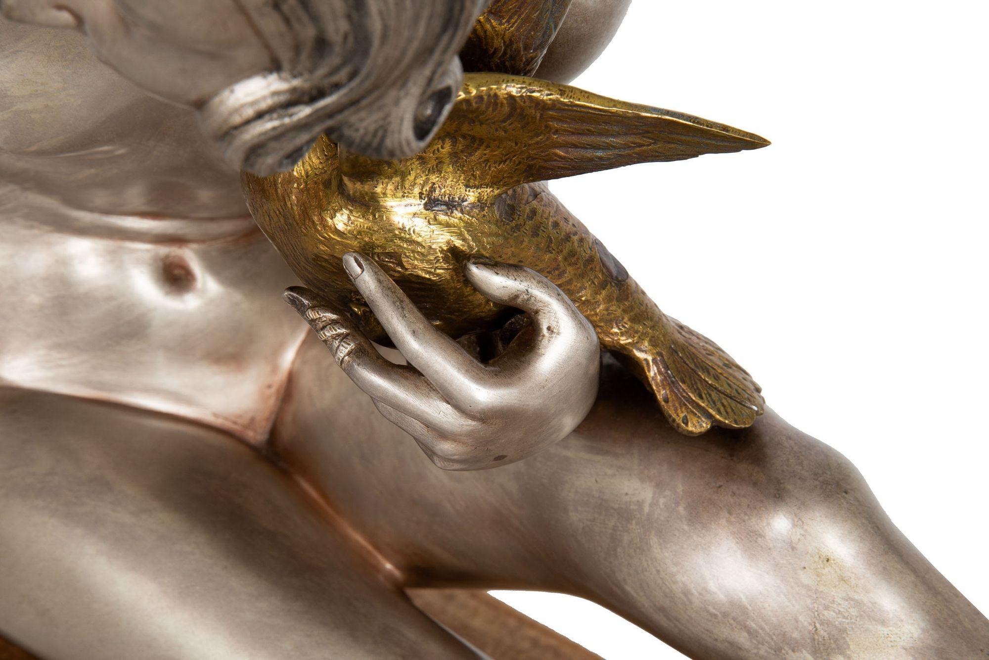 French Art Deco Silvered Bronze Sculpture “Woman w/ Bird” by Armand Godard For Sale 10