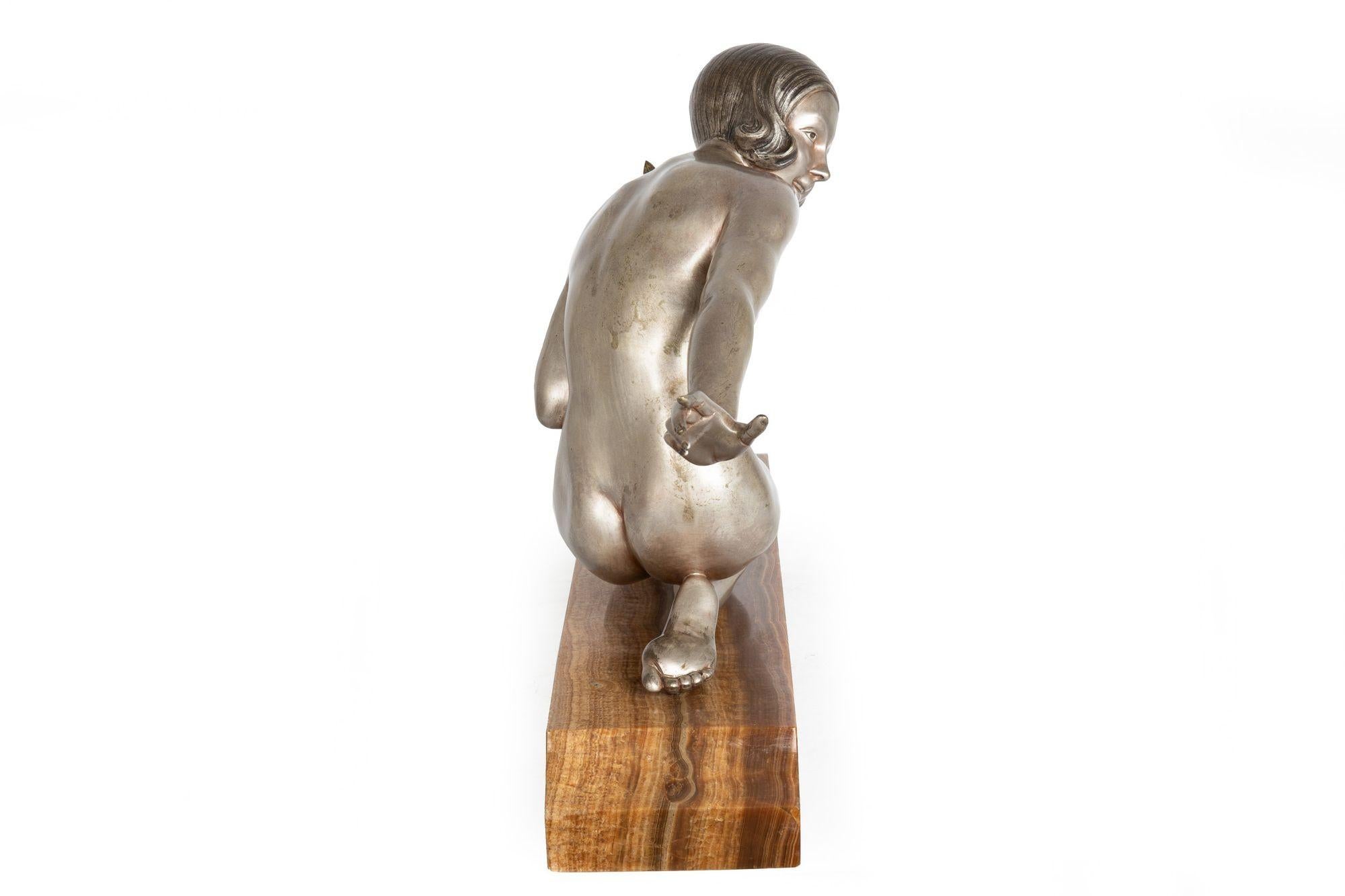 20th Century French Art Deco Silvered Bronze Sculpture “Woman w/ Bird” by Armand Godard For Sale