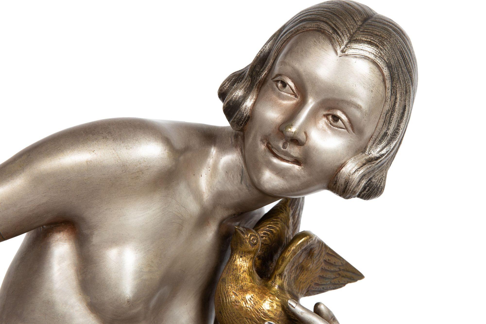 French Art Deco Silvered Bronze Sculpture “Woman w/ Bird” by Armand Godard For Sale 1