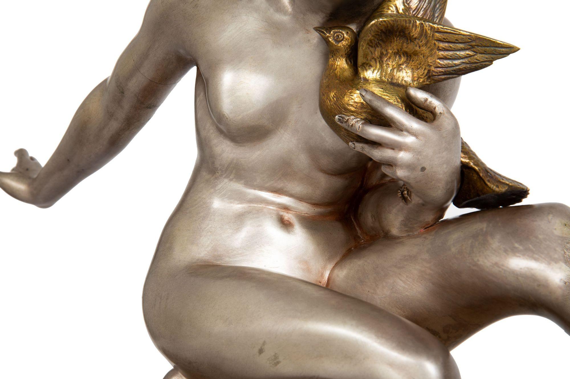 French Art Deco Silvered Bronze Sculpture “Woman w/ Bird” by Armand Godard For Sale 1